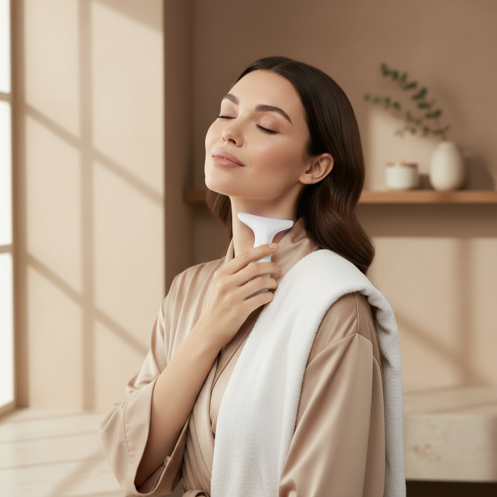 
Woman using a neck and facial sculpting device to firm the neck and define the jawline at home
